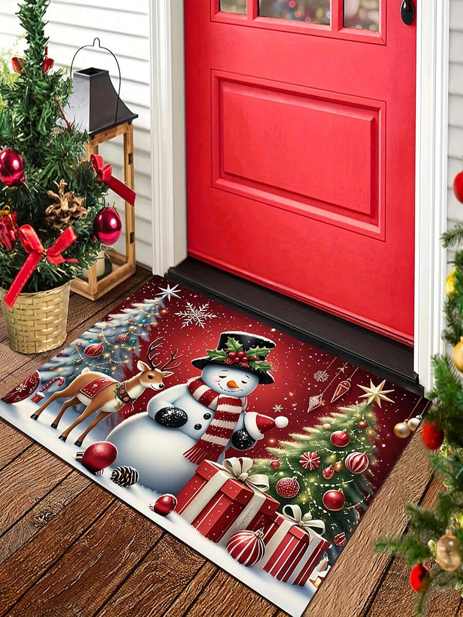 1-Piece Set Of 2D Flat Christmas Snowman And Reindeer Patterned Door Mats For Holiday Home Decoration - A - View 1