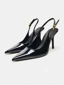 New Women's Black Patent Leather Pointed Toe High Heels With Fashion Metal Buckle Decor - Black - View 5