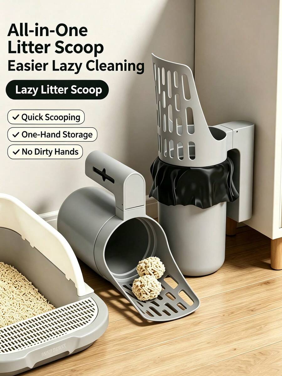 Cat Litter Scoop With Trash Can, Portable Large Capacity, 2-In-1 Cat Litter Scoop And Trash Can, Comes With Trash Bags, For Cleaning Cat And Dog Waste, Essential Tool For Pet Owners - Multicolor - View 1