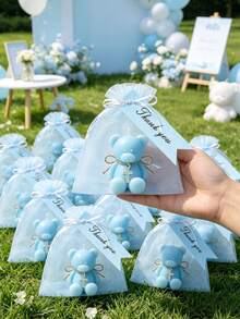 12/6/1 Set - Baptism Gift Set - Blue Teddy Bear Scented Candle Includes Blue Organza Bag And Blue Thank You Tag, DIY Fillable Gift Bag Suitable For Gender Reveal Party, Baby Shower Party Gift, Guest Favor, Christian Baptism, Communion, Church Event, Religious Gift, Ideal Party Favor - Multicolor - View 6