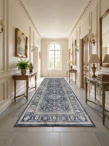 1PC Vintage Distressed Navy Blue Geometric Floral Runner Rug, Persian Faux Cashmere Rectangular Symmetrical Diamond Pattern Machine Washable Long Mat, Suitable For Living Room, Hallway, Corridor, Entryway Home Decor - Multicolor - View 2