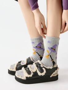 1/2/3 Pairs Of Plush Socks With Ghost And Bat Patterns, Cute And Fun Halloween Socks, Winter Women's Long Stockings And Pumpkin Socks For Couples - Multicolor - View 3