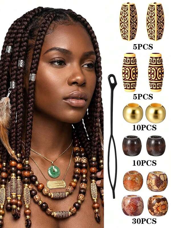 60pcs Women's Hair Beads, Exquisite Wooden Hair Beads With 1pc Braiding Tool, Mixed Styles, Dreadlock Jewelry Beads Hair Accessories Pendants For Women And Girls
