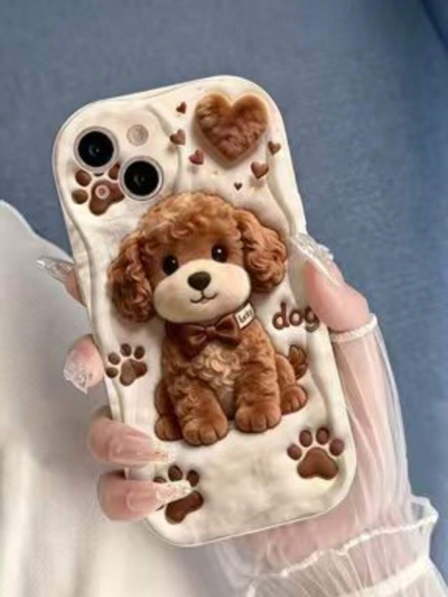 1pc Creative Brown Plush Teddy Cute Puppy Wave-Shaped Screen Edge Protection Phone Case Compatible With Apple 7/8/X/XR/XSMAX/11/12/13/14/15 - White - View 1