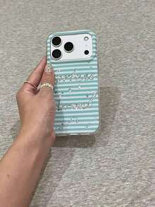 Silver Glitter Blue Striped English Letter Phone Case Compatible With Apple 17 Pro Max/16/14/13/15/12/11, New Style For Women - Multicolor - View 1