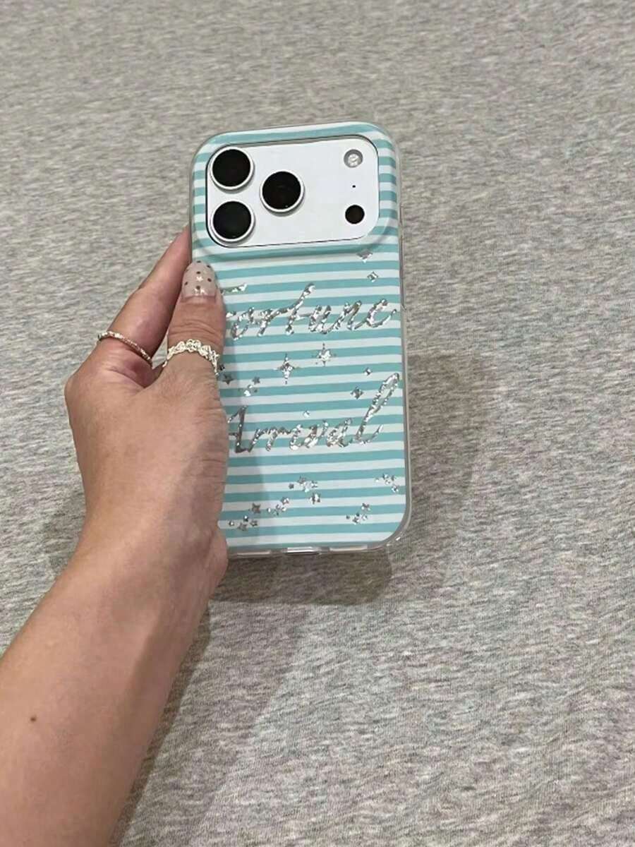 Silver Glitter Blue Striped English Letter Phone Case Compatible With Apple 17 Pro Max/16/14/13/15/12/11, New Style For Women - Multicolor - View 1