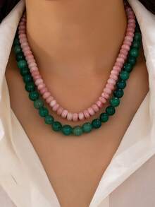 1/2pcs Thick Acrylic Ball Chain Semi-Gemstone Flat Round Bead Double Layer Necklace, Women's Daily Vacation Outfit Accessory - Multicolor - View 15