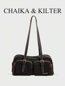 CHAIKA & KILTER 1件純色PU布料女款時尚多口袋大容量波士頓保齡球肩背包 拉鍊開合 適合日常使用與旅行 - 黑色 - 查看 1