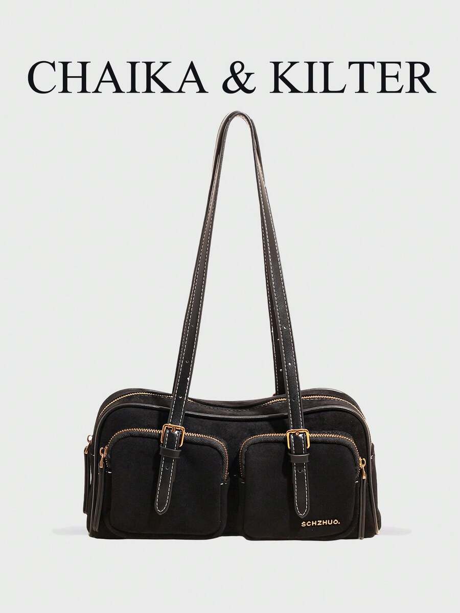 CHAIKA & KILTER 1件純色PU布料女款時尚多口袋大容量波士頓保齡球肩背包 拉鍊開合 適合日常使用與旅行 - 黑色 - 查看 1