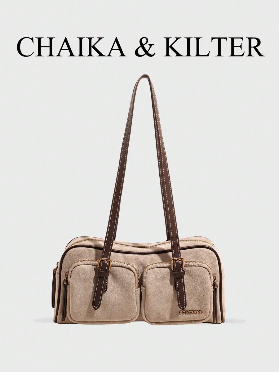 CHAIKA & KILTER 1件裝純色PU布料女款時尚單肩包,多口袋大容量波士頓保齡球包,拉鍊開合,適合日常與旅行使用 - 卡其色 - 查看 1