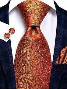 Men's Tie Set, Classic Fashion Tie Set With Cufflinks, Business Party - Burnt Orange - View 1