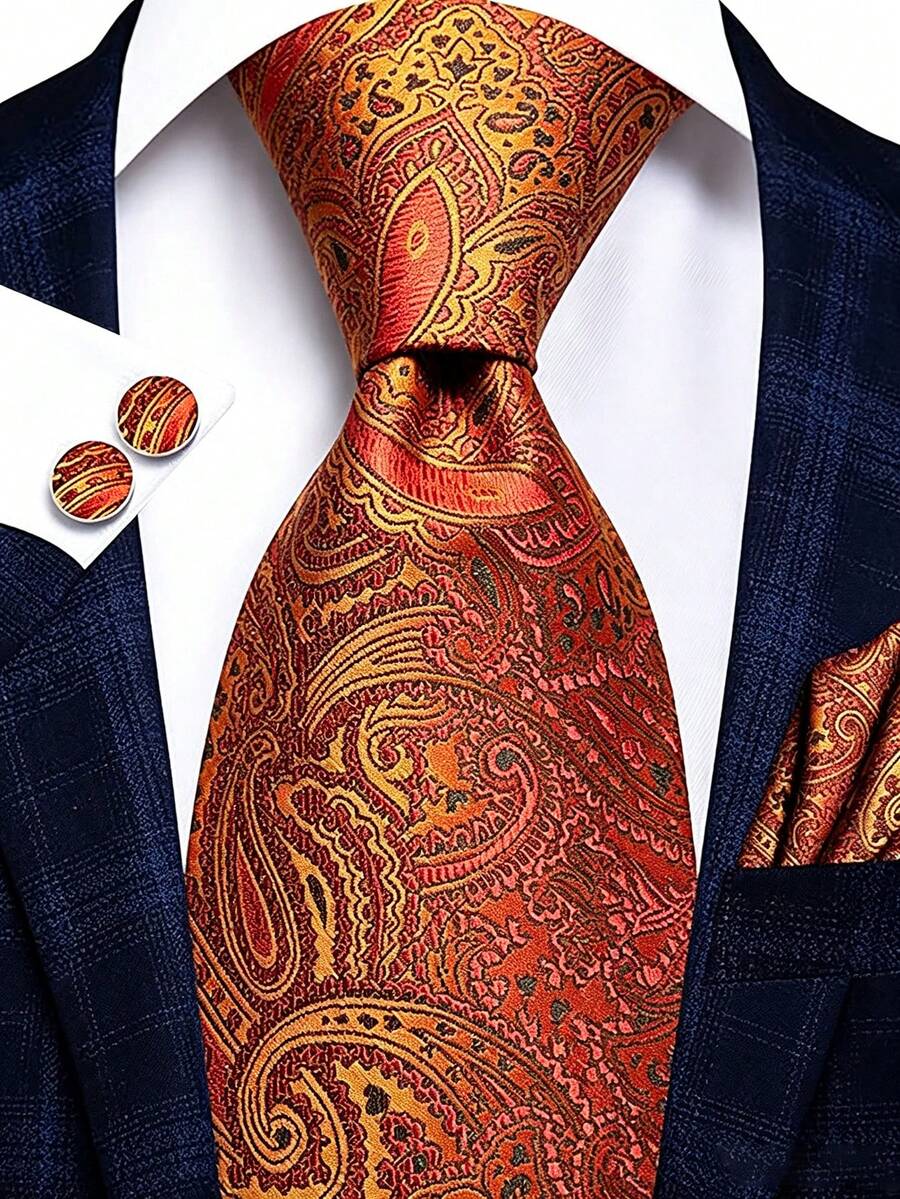 Men's Tie Set, Classic Fashion Tie Set With Cufflinks, Business Party - Burnt Orange - View 1
