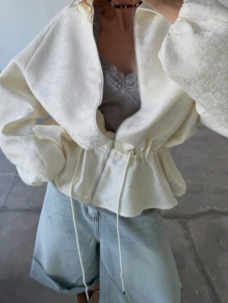Women's All-Over Print Woven Fabric Drawstring Zipper Jacket, College Style, Vacation, Daily, Tea Party, Airport Outfit, Autumn/Winter - Apricot - View 1