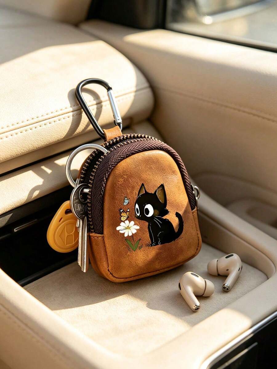 Cute Black Cat Daisy Butterfly Print Mini Zipper Coin Purse With Carabiner, Portable PU Leather Earbud Storage Bag, Small Key Card Wallet - Multicolor - View 1