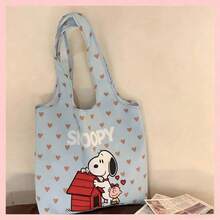 SNOOPY 1pc Canvas Tote Bag, Striped Large Capacity Bag, Suitable For School, Library, Picnic, Shopping And Gifting - A - View 2