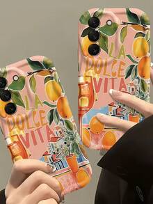 1pc Creamy Wavy Ins Shockproof Anti-Drop Protective Phone Case, Vintage Mediterranean Town Phone Shell Orange Fruit Wine Glass LADOLCEVITA Letter Print Wavy Edge Soft TPU Protective Phone Case, Compatible With Android Devices Anti-Drop Protective Shell Compatible With Samsung, Series Phones - White - View 3