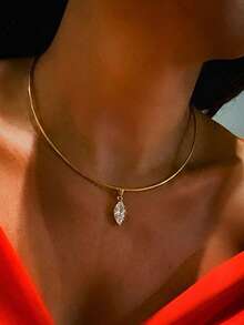 1pc Stainless Steel 18K Gold Fashion Gold Zirconia Inlaid Pendant Necklace - Gold - View 7