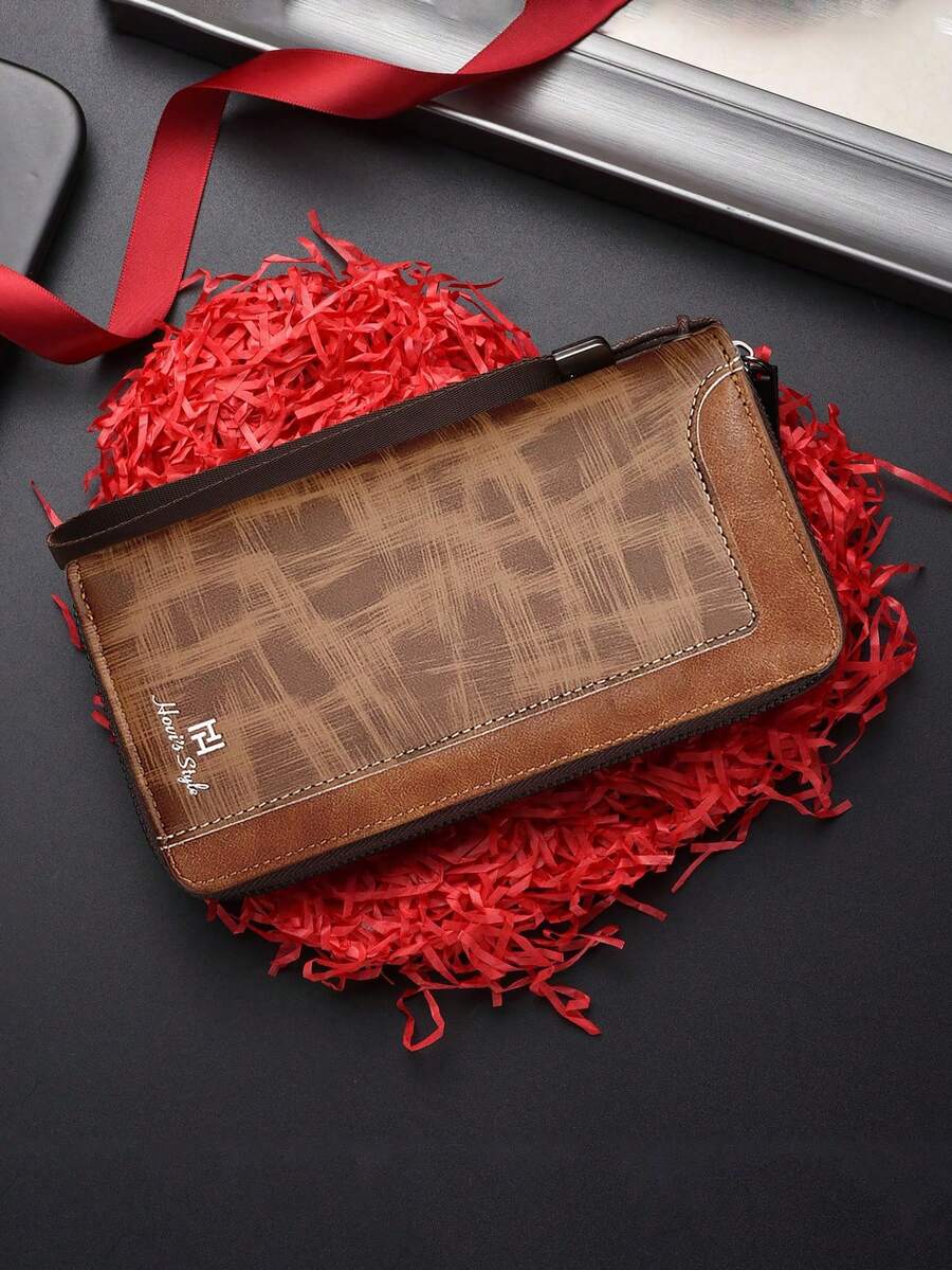 HOVI'S Men's Vintage Textured Zipper Clutch Bag Long Wristlet Large Capacity Multi-Card Slots Phone Storage - Khaki - View 1