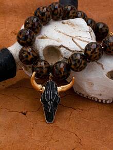 1/2pcs Leopard Print Stone Bead Double Bull Head Necklace, Multi-Layer Western Style Exaggerated Necklace, Vintage Cowboy Women's Jewelry - Multicolor - View 8