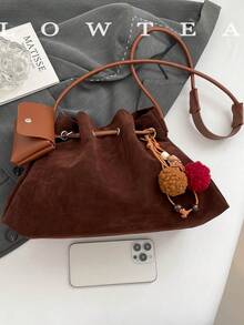 low tea 1pc Minimalist Fashion Suede Bucket Crossbody Bag, Suitable For Commuting, Shopping, Etc. (With Pendant) - Coffee - View 4