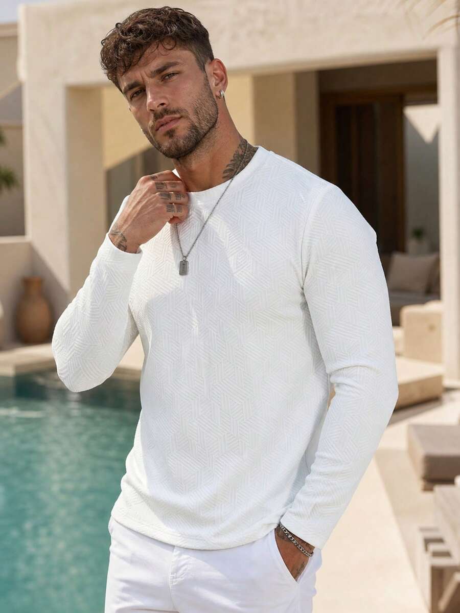 Men's Autumn/Winter Asymmetrical Diagonal Stripe Solid Color Crew Neck Long Sleeve T-Shirt - White - View 1