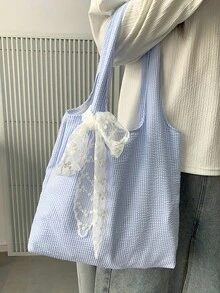 1pc Personalized Canvas Tote Bag With Custom Name And Lace Bow, Striped Wedding Bridesmaid Gift Bag, Bridal Party Favor, Shoulder Handbag For Women - Multicolor - View 12