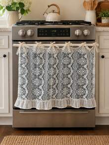 Beige Hollow Crochet Lace Oven Door Curtain With Bow‑Tie Straps & Ruffled Hem,Dishwashers Cover,Polyester Kitchen Stove Cover,Semi‑Sheer Stove Front Decor Cover,Rustic Farmhouse Cottage‑Style Kitchen Wall Decoration,Home Entryway Shoe Racks Ornament. - Beige - View 8
