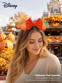 Disney Halloween Minnie Mouse Ear Headband, Pumpkin Pattern Sequin Ears With Plush Plush Bow, Halloween Party Holiday Hair Accessory - A - View 3