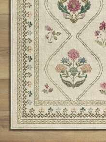 1PC Vintage Floral Diamond Pattern Cream White Long Runner Rug, French Classical Style Faux Cashmere Rectangular Symmetrical Bouquet Vine Border Machine Washable Long Mat, Suitable For Living Room, Hallway, Entryway Home Decor - Multicolor - View 8