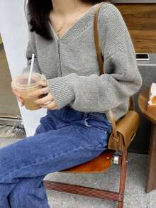 女款素色休閒百搭日常開襟衫 - 淺灰色 - 查看 4