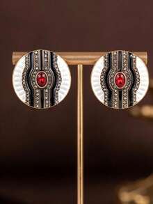 1 Pair Vintage Minimalist Daily Wear Earrings Inlaid With Red And Green Rhinestones, Suitable For Women's Daily Wear, Parties, Holidays, Vacations, Makes A Great Gift For Her - Red - View 6