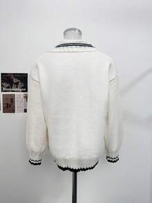 Autumn/Winter New Sweet Preppy Style Lazy Knit Cardigan Jacket With Turn-Down Collar - White - View 9