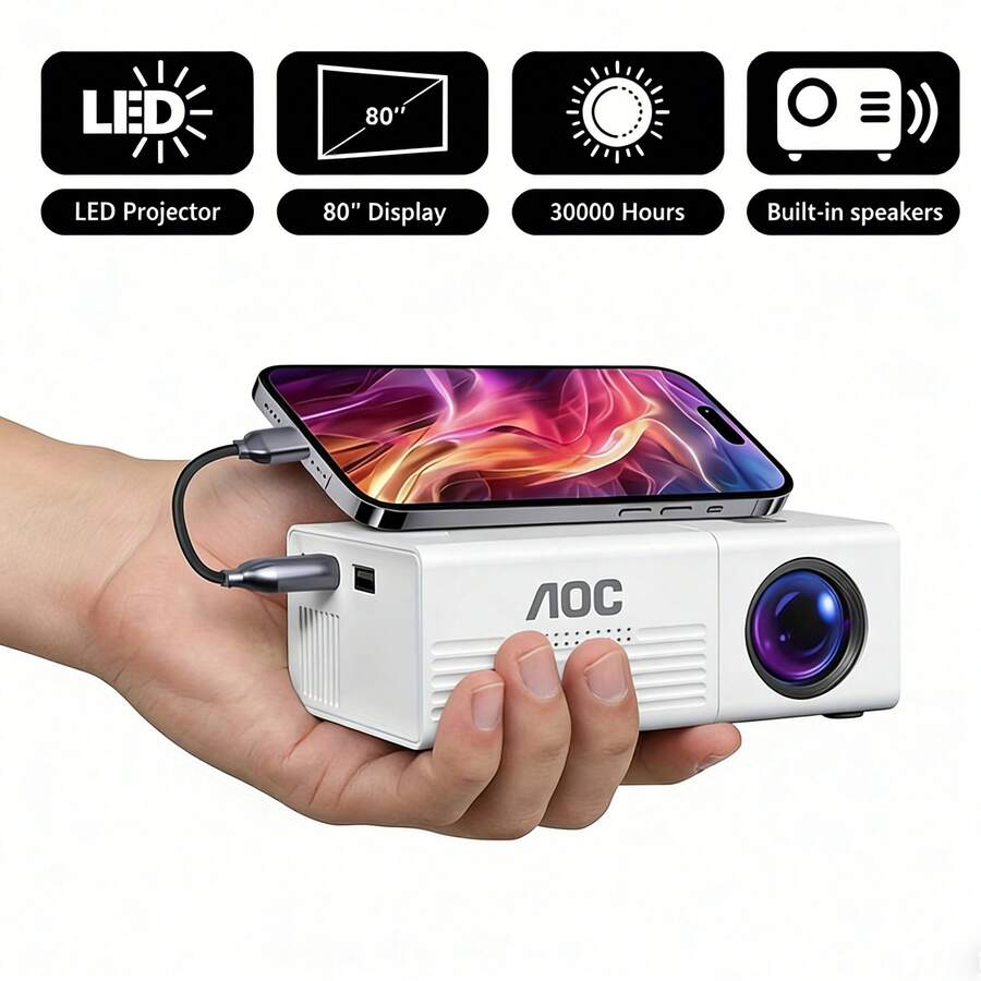 AOC Mini Portable Projector, USB Connection, Native 720P LCD, Supports 1080P Video, Built-In Speaker, Compatible With IOS, Android, Windows, And PS4, Compact Home Theater Projector, Ideal For Movies, Gaming, And Outdoor Use, HDMI Cable Not Included - White - View 1