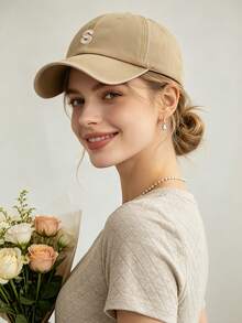 1Pc Women Vintage Washed Baseball Cap, A‑Z Letter Embroidery Soft Curved Brim Dad Hat, Casual Sun Protection Hat For Daily Commute Street‑Style Wear - Khaki - View 4