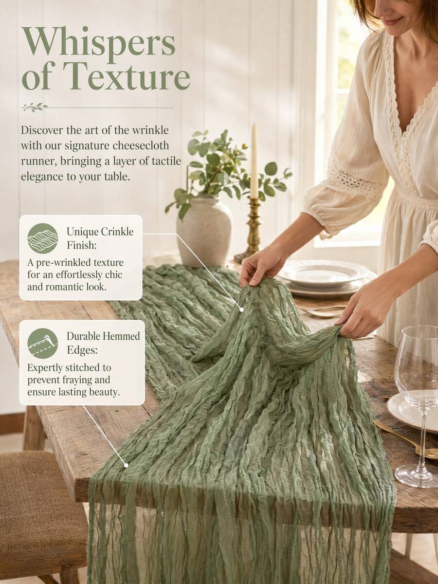 2pcs Sage Green Cheesecloth Semi-Sheer Gauze Table Runner, 120 Inch Bohemian Style Gauze Tablecloth, Suitable For Wedding, Party, Baby Shower, Birthday And Other Occasions Home Decor - Green - View 1