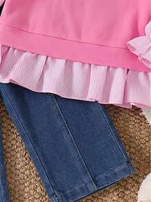 Infant Girl Pink Colorblock Collared Top & Denim 2-Piece Set, Spring/Autumn New Baby Girl Ruffle Hem Long Sleeve Versatile Casual Straight Leg Pants - Pink - View 7