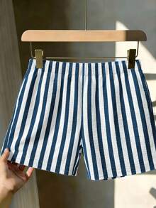 Celana Pendek Wanita Ukuran Besar Motif Garis-garis Pinggang Elastis Kaki Lebar, Gaya Musim Panas - Biru - View 2