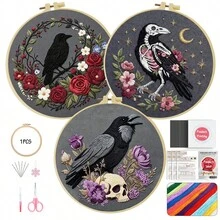 1/3pcs Embroidery Kit 15x15cm/5.9x5.9in - 20x20cm/7.9in Handmade DIY Cross Stitch Set, Gothic Dark Bird Pattern, Suitable For Adult Beginners, Includes Fabric, Instructions, Embroidery Hoop, Needle And Thread, Exquisite Gift, Home/Office Decor - Gothic Crow Design - View 2