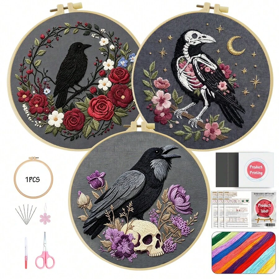 1/3pcs Embroidery Kit 15x15cm/5.9x5.9in - 20x20cm/7.9in Handmade DIY Cross Stitch Set, Gothic Dark Bird Pattern, Suitable For Adult Beginners, Includes Fabric, Instructions, Embroidery Hoop, Needle And Thread, Exquisite Gift, Home/Office Decor