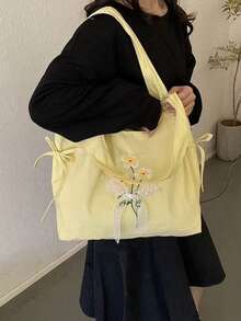 Korean Style Large Capacity Canvas Tote Bag For Women, Foldable Campus Bag, Suitable For College Students Commuting And Travel, Drawstring Cloud Design Shoulder Student Bag - Yellow - View 8