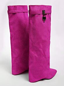 Women's Over-The-Knee Tall Boots, New Autumn/Winter Slimming High Heel Chunky Heel Wedge Heel Fold-Top Boots - Hot Pink - View 7