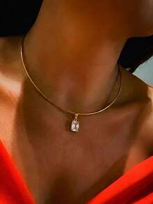 1pc Stainless Steel 18K Gold Fashion Gold Zirconia Inlaid Pendant Necklace - Gold - View 6