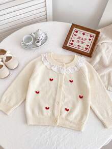 Girls Korean Style Cream White Knitted Cardigan With 3D Red Heart Hollow Lace Trim Collar Long Sleeve Children's Jacket - Apricot - View 3