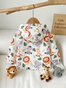 Infant Toddler Single Piece Hooded Zip-Up Jacket, Playful Jungle Lion Elephant Giraffe All-Over Print, Smooth Lightweight Fabric, Outdoor Travel, Spring Autumn - Multicolor - View 2