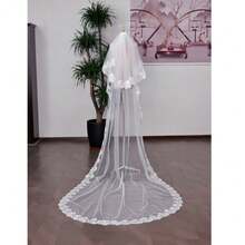 White Fashion Bridal Wedding Party Hair Comb With Long Lace Train Veil - White - View 6