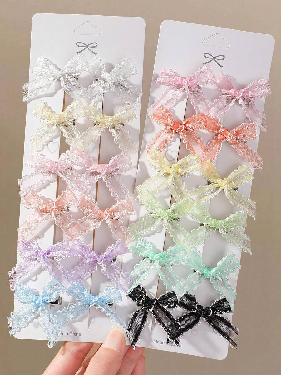 20pcs Girls Multi-Color Mesh Lace Fabric Bow Ribbon Hair Clips, Versatile Bangs Back Side Clip Hair Accessories For Daily Wear - Multicolor - View 1