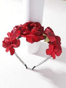 1pc Women's Artificial Flower Headband, Red Headband For Halloween, Holiday Party, Daily Wear - Red - View 1