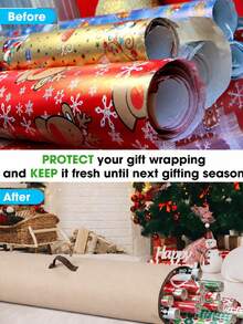 1pc Oxford Fabric Christmas Gift Wrapping Storage Bag, Christmas Wrapping Paper Storage Bag, Large Capacity Gift Wrapping Organizer Bag, Beige With Brown Handle Wrapping Paper Storage Bag, Christmas Holiday Decoration Storage Container, Easy To Carry Cylindrical Container - Beige Brown - View 8