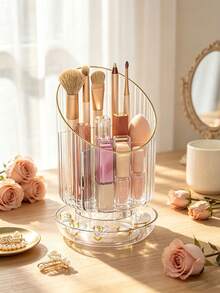 1pc/7pcs Rotating Transparent Striped Makeup Brush Holder, Gold Rim Divided Makeup Organizer, Multi-Compartment Vanity Storage Bin, Suitable For Lipstick, Eyeliner And Makeup Sponges, Fashionable Desktop Organizer For Daily Makeup Accessories - Multicolor - View 12