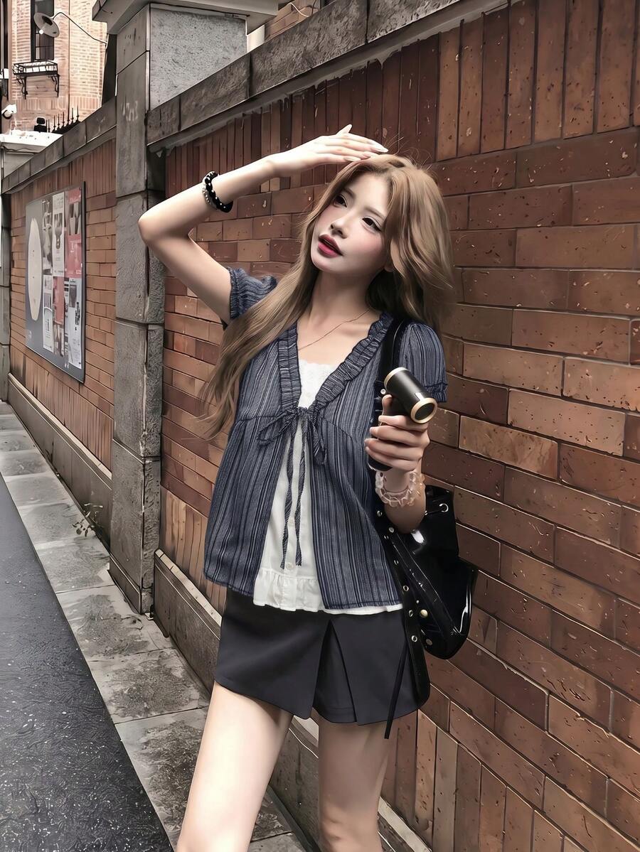 女款清新藍色條紋設計寬鬆短袖上衣,附綁帶細節與2合1疊穿設計,夏季黑色 - 黑色 - 查看 1